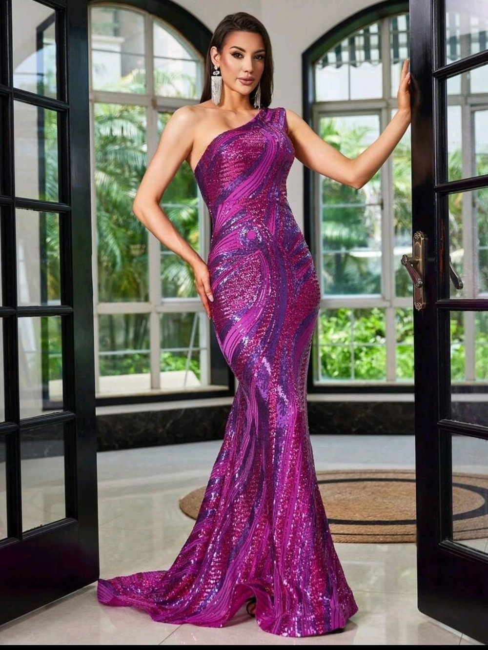 One-Shoulder Fuchsia Sequin Evening Gown